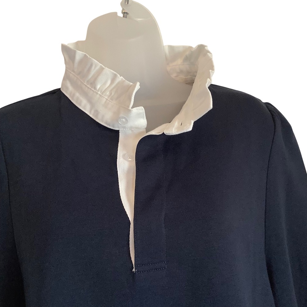 Pomander Place Navy Blue Ruffle Collar Rugby Knit Top Large Long Sleeve